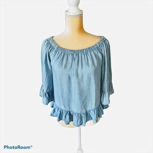 Jane and Delancey Anthropologie Chambray Ruffled top